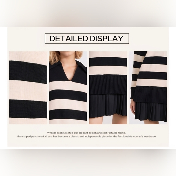 Casual Striped Long Sleeve Polo V Neck Pleated Mini Dress #1120 - Picture 12 of 13